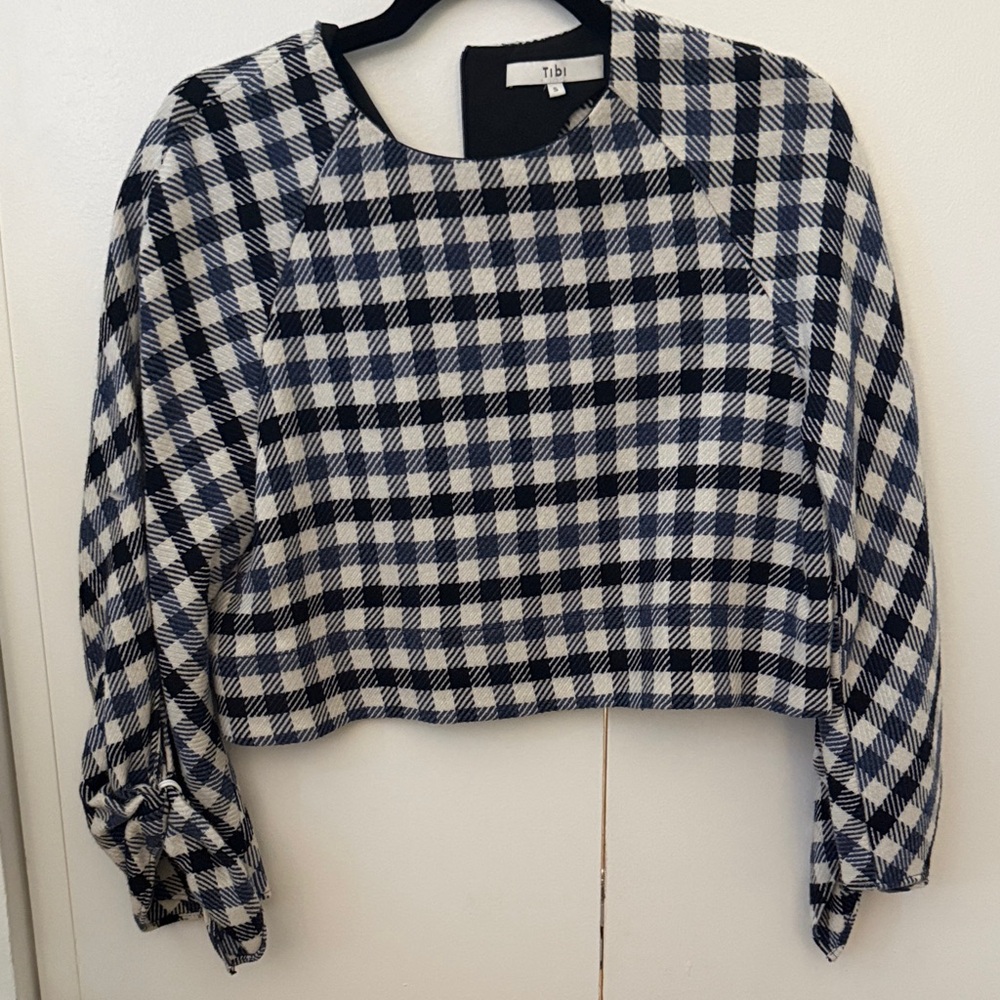 Tibi Monochrome Wool Checkered Crop Top